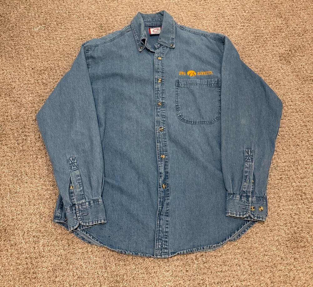 Vintage Cadre Athletic Iowa Hawkeyes Denim Button Down Shirt Size M